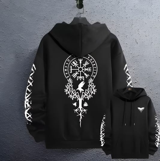 Odin's Mark black white hoodie front and back showing raven chest motif and runic sleeve details