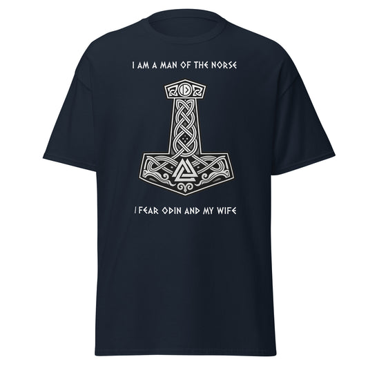 Sworn to Both Norse Tee in Navy - Thor's Hammer with Celtic knots and Viking symbols, text reads 'I AM MAN OF THE NORSE' and 'I FEAR ODIN AND MY WIFE'