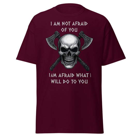 Maroon red Norse Viking t-shirt with grinning skull and battle axes - Viking warrior shirt with intimidating quote - Wrath Unchained Viking apparel