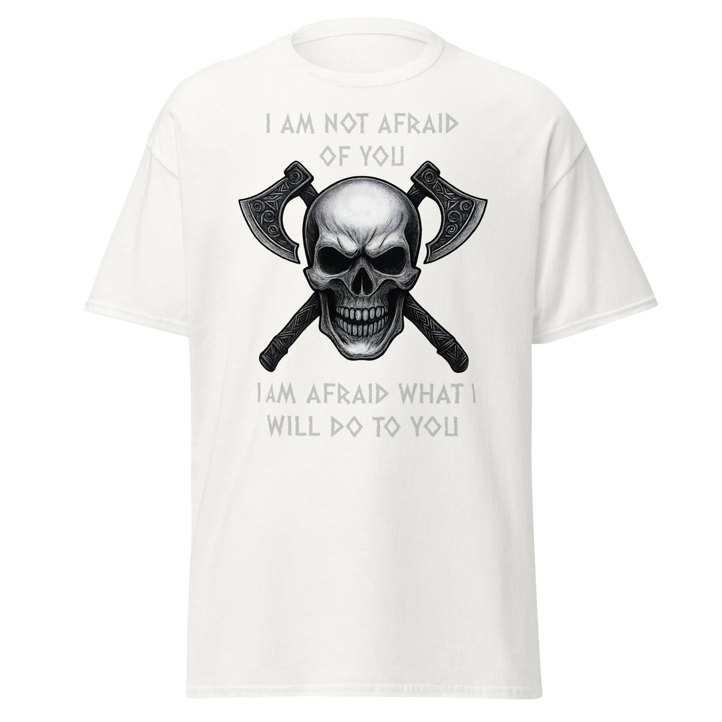White Norse Viking tee with skull and crossed battle axes - Viking warrior shirt with bold quote design - Wrath Unchained Viking graphic clothing