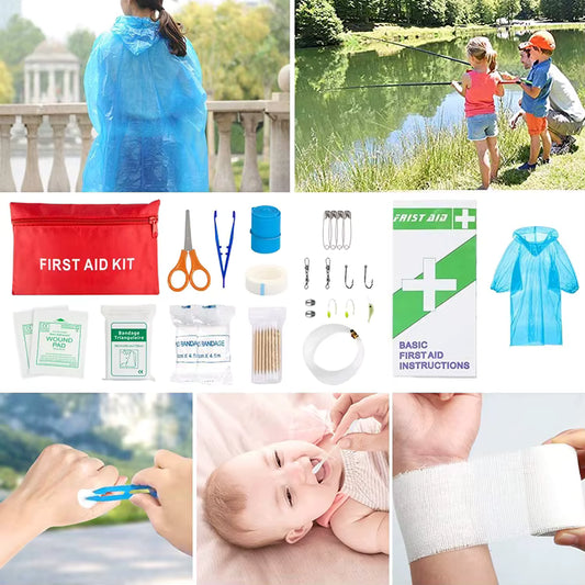 Lifestyle collage showing uses of Vanguard First Response Kit: rain poncho worn outdoors, family fishing, close-ups of first aid treatment, tweezers removing tick, baby care, and wound bandaging. Demonstrates practical real-life applications and versatility.