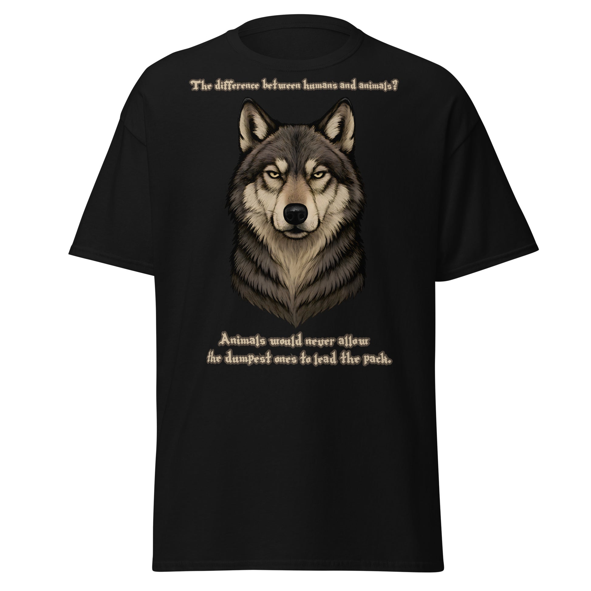 Alpha’s Truth Wolf Tee in Black | Viking-inspired wolf t-shirt with quote about true leadership.
