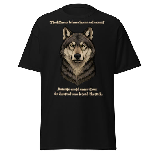 Alpha’s Truth Wolf Tee in Black | Viking-inspired wolf t-shirt with quote about true leadership.