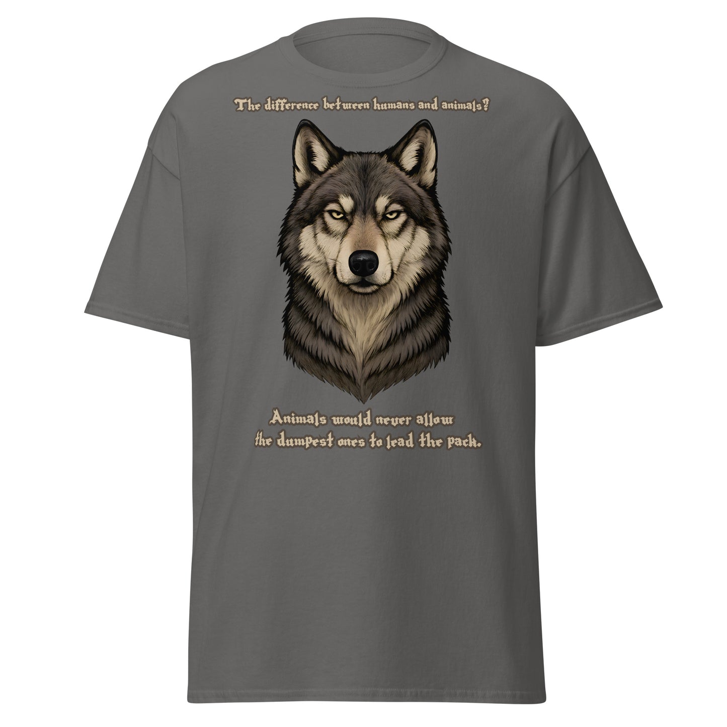 Alpha’s Truth Wolf Tee in Charcoal | Viking wolf shirt reflecting primal truth and leadership.