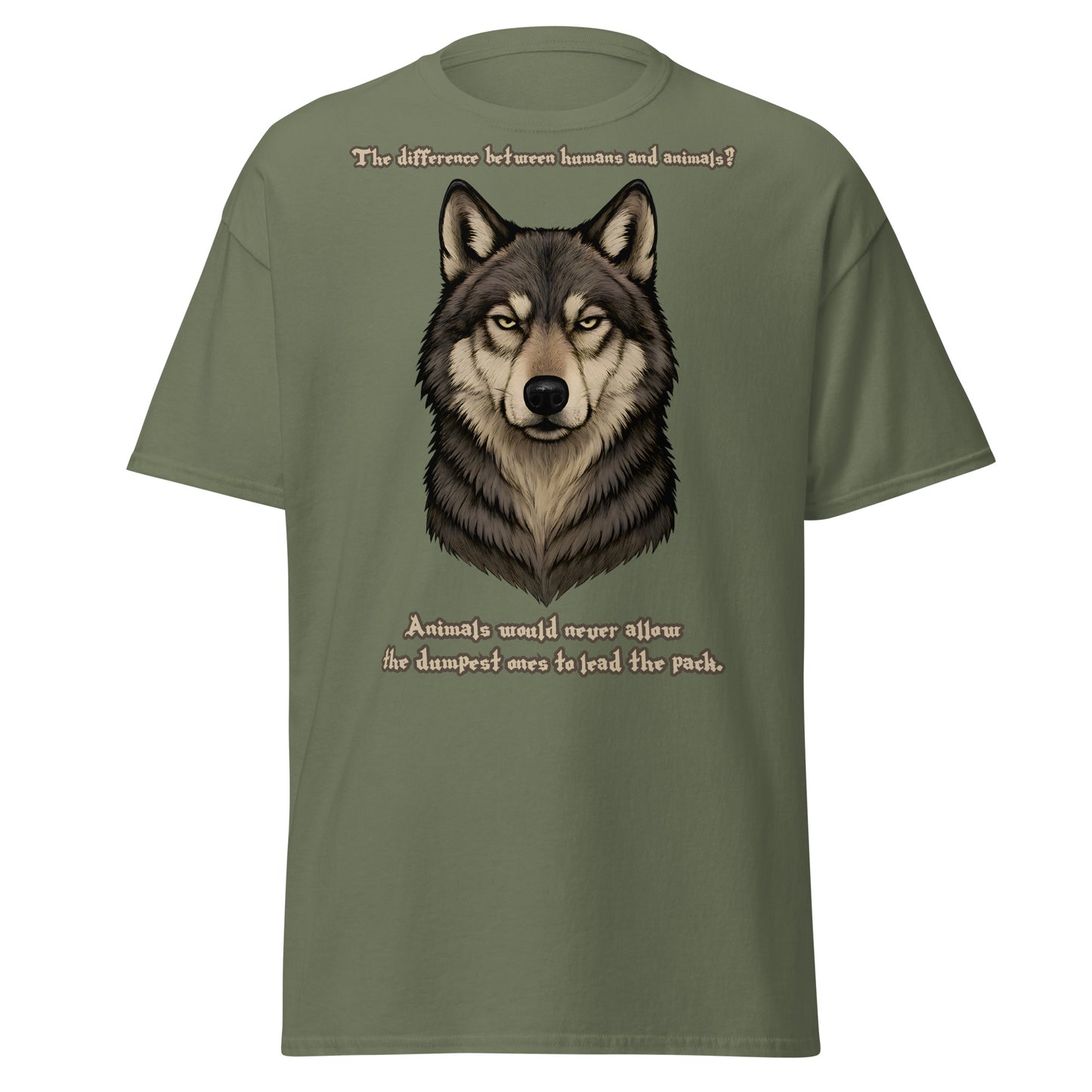 Alpha’s Truth Wolf Tee in Military Green | Norse-style wolf shirt for warriors of the wild.