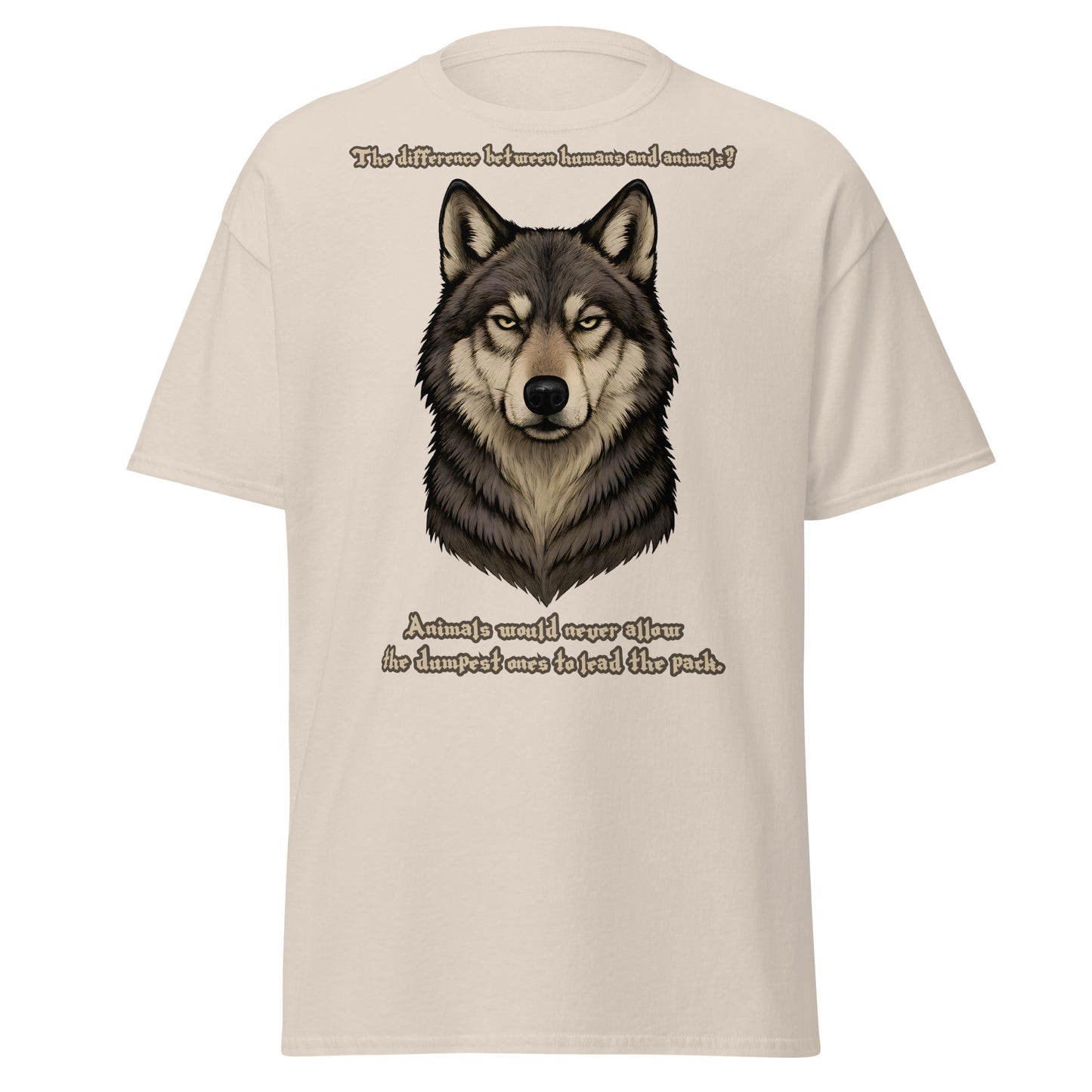 Alpha’s Truth Wolf Tee in Natural | Beige Viking wolf tee symbolizing nature, instinct, and truth.