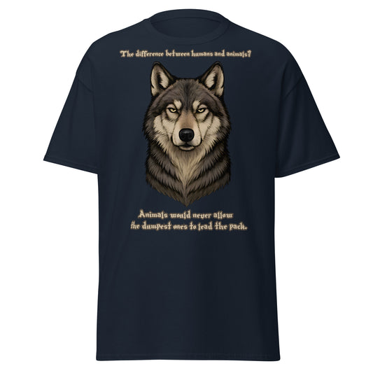 Alpha’s Truth Wolf Tee in Navy | Norse wolf design t-shirt symbolizing strength and wisdom.