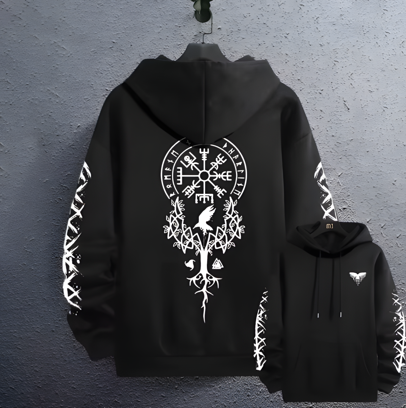 Odin's Mark black white hoodie front and back showing raven chest motif and runic sleeve details
