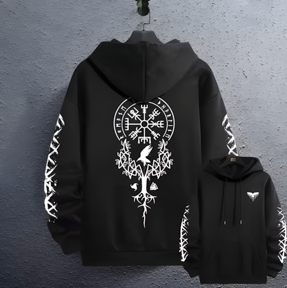 Odin's Mark black white hoodie front and back showing raven chest motif and runic sleeve details