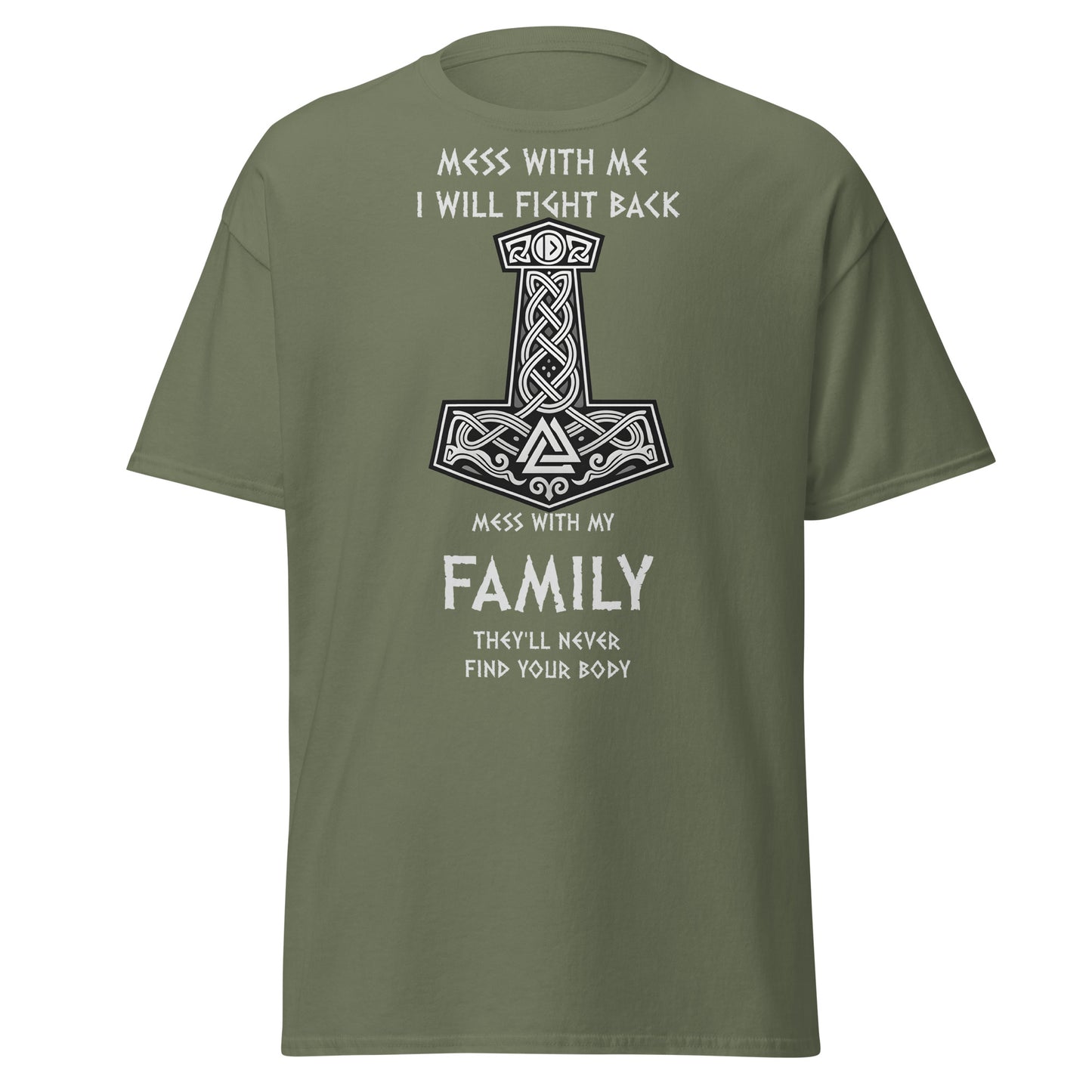 Bound by Blood Norse Tee in Military Green - Viking quote t-shirt featuring Thor's Hammer Mjölnir with Viking symbols and Celtic knots, text reads 'Mess with me, I will fight back. Mess with my family and they'll never find your body'
Kuva 7 (White):