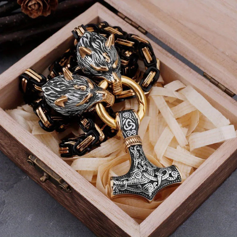 Fenrir's Fang Mjölnir Viking necklace in premium wooden gift box with wood wool filling