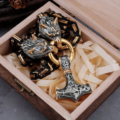 Fenrir's Fang Mjölnir Viking necklace in premium wooden gift box with wood wool filling