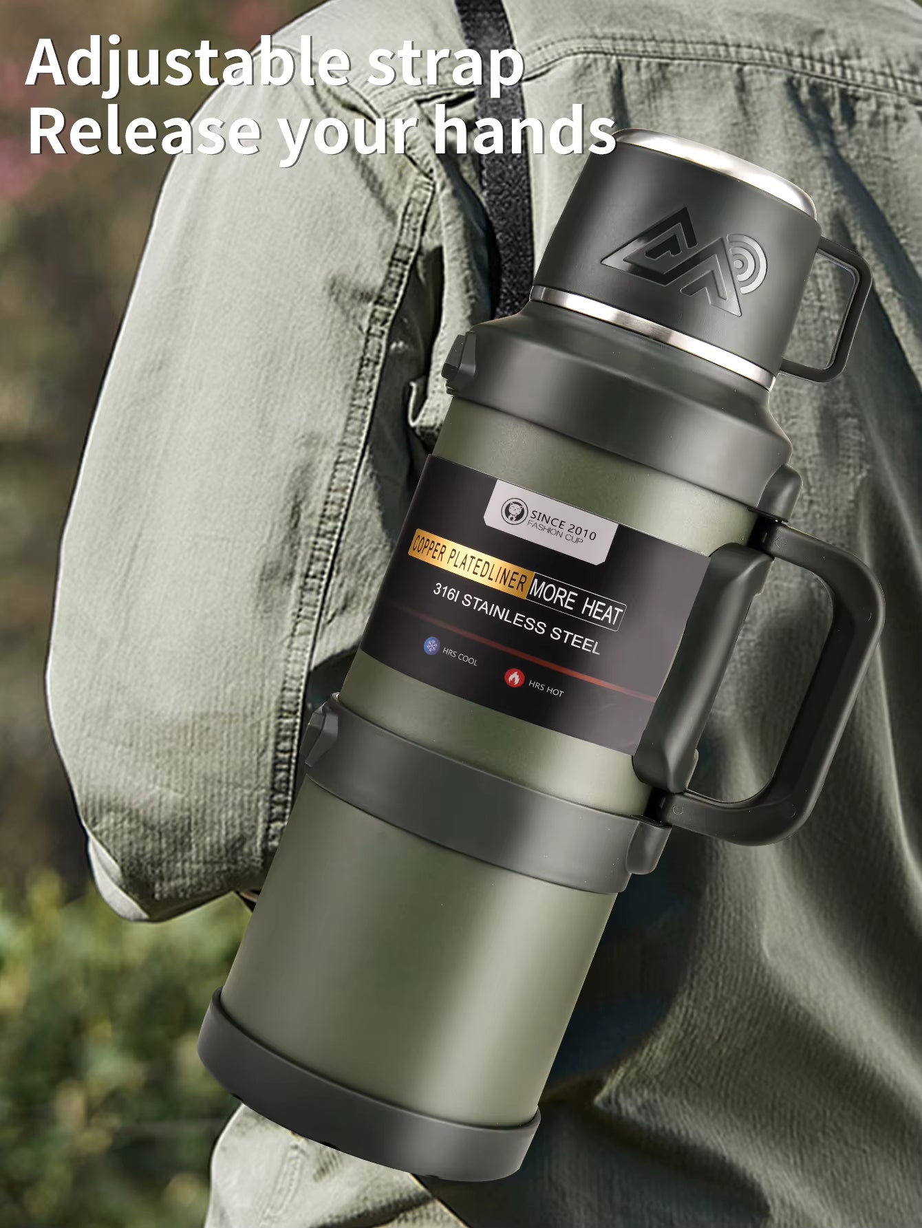 Army Green Frostbear Flask carried by a hiker with adjustable shoulder straps. Hands-free design ideal for trekking, camping, and wilderness expeditions.