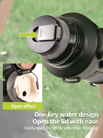 Detailed view of Frostbear Flask’s one-key water release system. Simple push-button design allows smooth, easy drinking without removing the entire cap — built for convenience on the move.