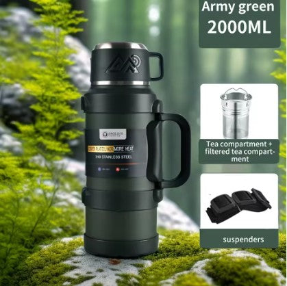 Rugged 2000ml Army Green Frostbear Flask with built-in tea infuser and reinforced handle. Multi-layer stainless steel vacuum insulation ensures 72-hour heat or cold retention. Perfect for outdoor survival, camping, and work in extreme weather.