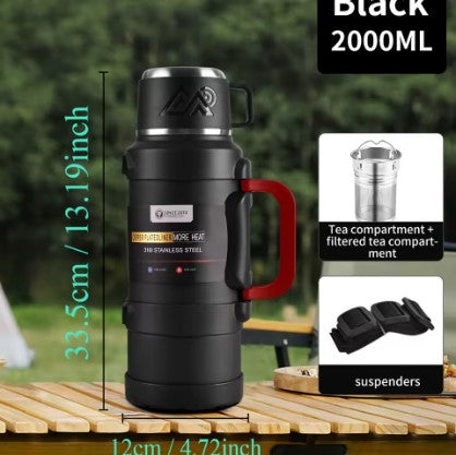 Durable 2000ml Frostbear Flask black thermos bottle with tea strainer and reinforced handle. Double-walled vacuum insulation keeps beverages hot or cold for 72 hours. Ideal for camping, trekking, survival use, and long outdoor journeys.