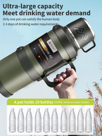 Outdoor image showing Frostbear Flask raised high, highlighting its ultra-large capacity. One flask holds up to 10 standard 500ml bottles, enough drinking water for 2–3 days of adventure.