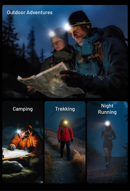 Collage of users wearing NU25 MCT headlamps during camping, trekking, night running and map reading at night. Text overlay “Outdoor Adventures”. Emphasizes multi-scenario reliability and brightness in real-world conditions.
