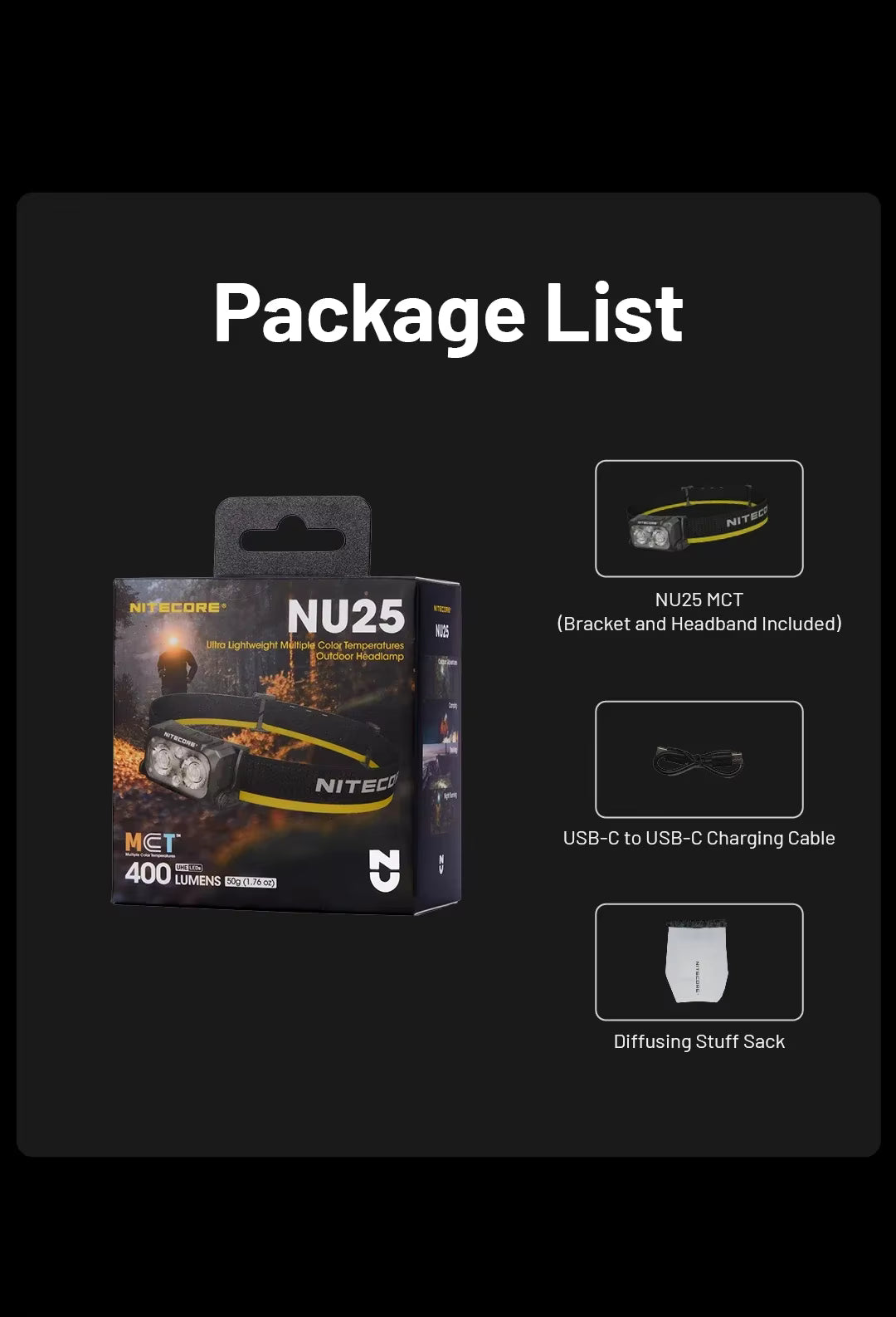 Dark grey background showing official retail packaging of Nitecore NU25 MCT with printed specifications (400 lumens, tri-color LED). Right side includes small images of lamp with accessories. Professional packaging display.