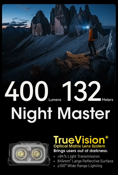 Night mountain background with text overlay showing performance specs: 400 lumens, 132 meters beam distance, TrueVision+ optical matrix lens, >94% light transmission. Visual representation of beam strength and range.
