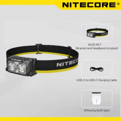 Nightprowler Headlamp – Nitecore NU25 MCT Rechargeable LED Headlight shown on light background with yellow top and bottom borders. Includes three inset images displaying the bracket and headband, USB-C to USB-C charging cable, and diffusing storage sack — highlighting full accessory package and rechargeable functionality.