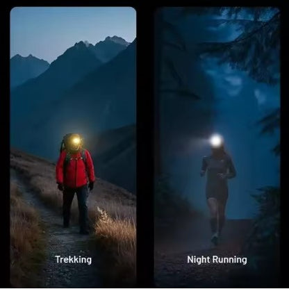 Split-screen image showing two real-use environments: trekking and night running with the NU25 MCT headlamp. Demonstrates versatile performance for outdoor sports and night exploration.