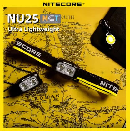 Hero banner of Nightprowler Headlamp – Nitecore NU25 MCT Rechargeable LED Headlight, displayed on yellow contour map background with glowing beam and Nitecore logo. Showcases the ultra-light design and lamp module beside the main headlamp, representing premium performance and trail-ready durability.