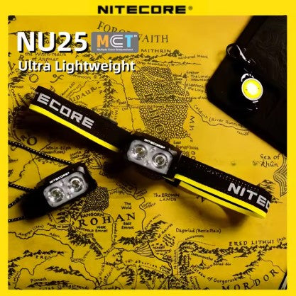 Hero banner of Nightprowler Headlamp – Nitecore NU25 MCT Rechargeable LED Headlight, displayed on yellow contour map background with glowing beam and Nitecore logo. Showcases the ultra-light design and lamp module beside the main headlamp, representing premium performance and trail-ready durability.