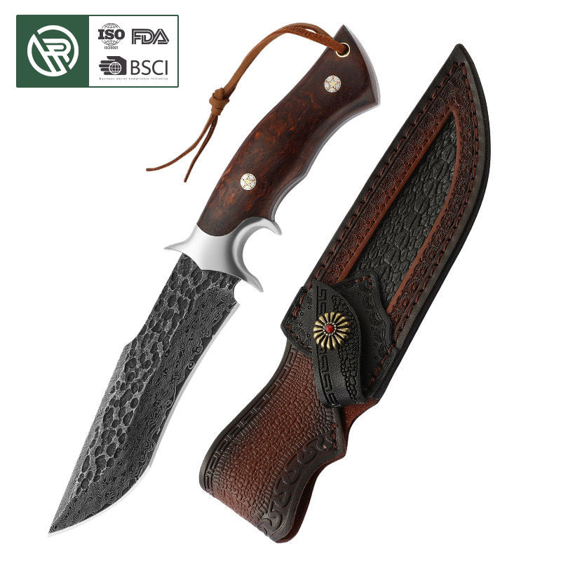 Odin's Edge Damascus knife with leather sheath displaying ISO FDA BSCI quality certifications