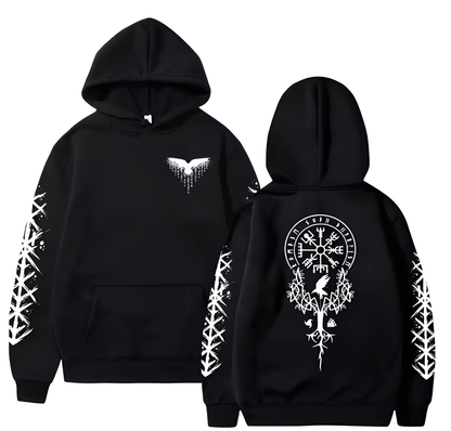 Odin's Mark Hoodie black with white print front and back view Nordic symbols