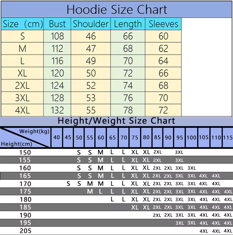 Odin's Mark Hoodie size chart showing measurements for S M L XL 2XL 3XL 4XL