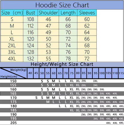 Odin's Mark Hoodie size chart showing measurements for S M L XL 2XL 3XL 4XL