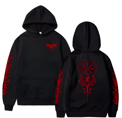 Odin's Mark Hoodie black with red print front and back view Viking design