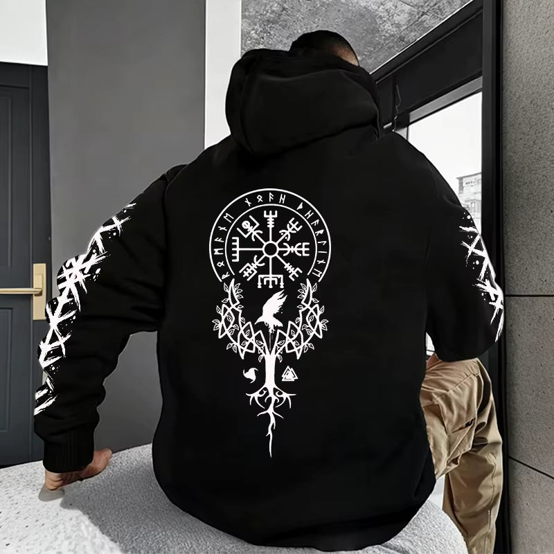 Odin's Mark black hoodie back view with Vegvisir Yggdrasil raven and Norse symbols in white