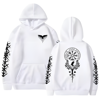 Odin's Mark Hoodie white with black print front and back view Norse graphics