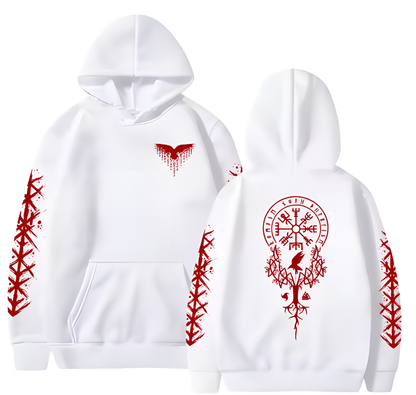 Odin's Mark Hoodie white with red print front and back view runic artwork