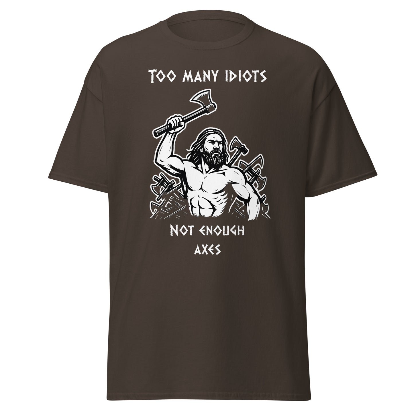Rage of Blades – Norse Tee in Dark Chocolate, front mockup featuring axe-wielding Viking with raised arm and stacked used axes behind him; high-contrast print, heavy-duty cotton, ideal for fans of Norse myth and sarcastic slogan shirts.