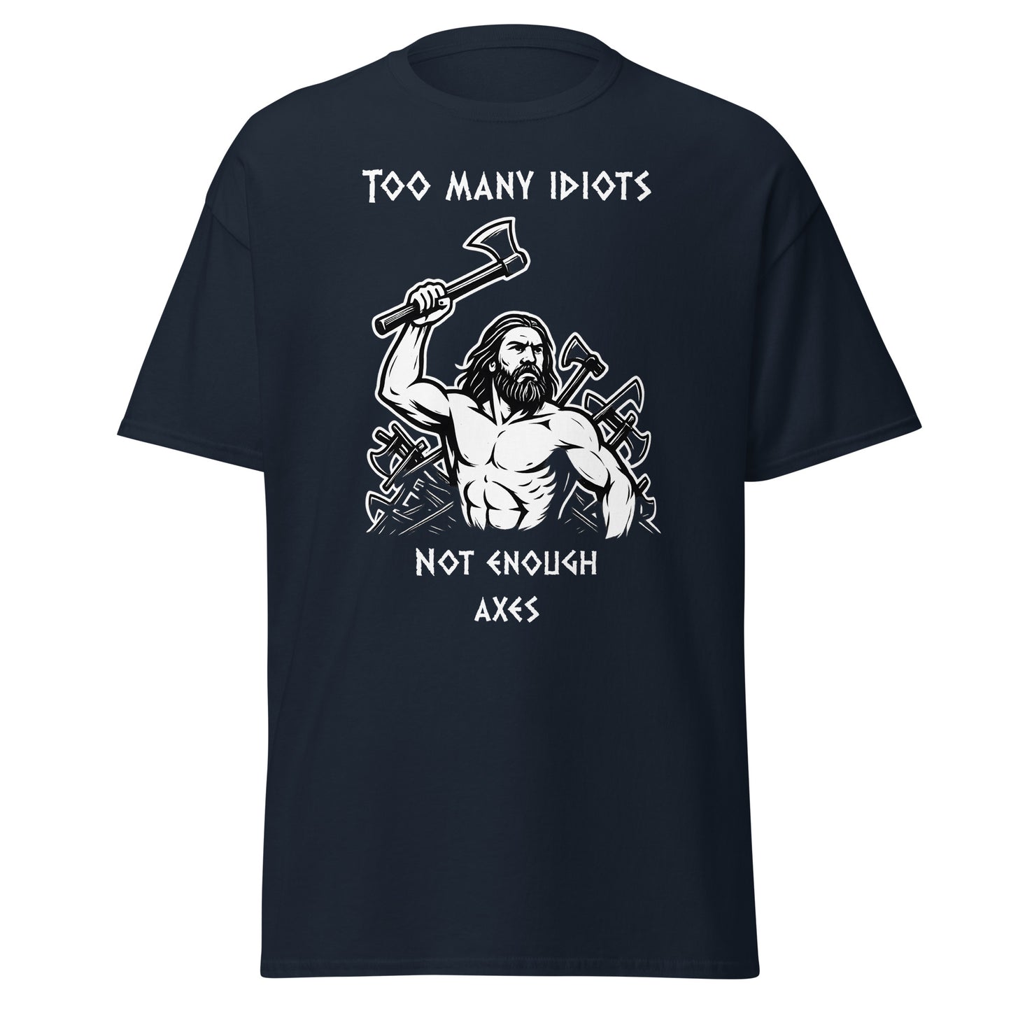 Rage of Blades – Norse Tee in Navy, product mockup showing Viking poised to throw an axe and a heap of axes in background; bold statement tee with dark humor and Norse warrior imagery for gym and streetwear.
