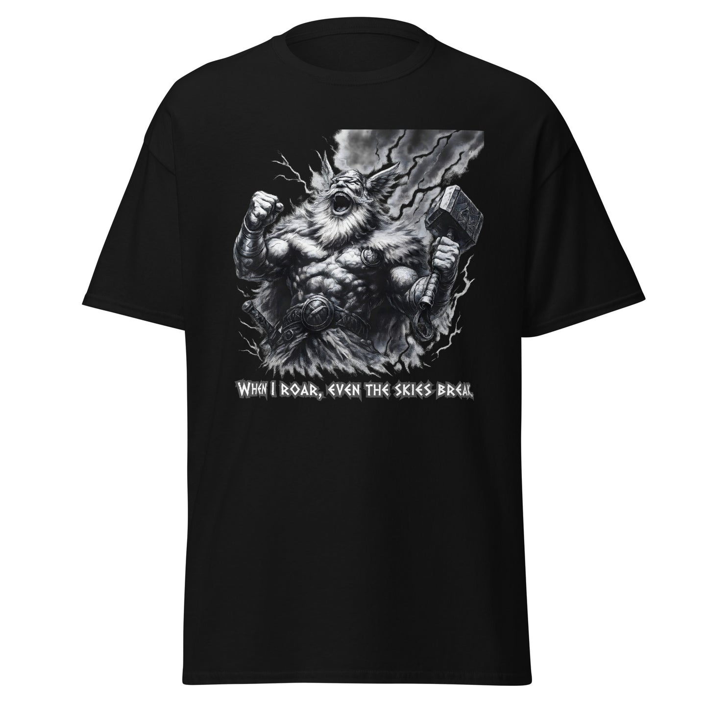 Skyshatter – Norse Tee in Black, product mockup showing powerful Thor-like figure laughing with Mjölnir and storm lightning backdrop; cinematic Norse design and bold quote; unisex heavy cotton tee.