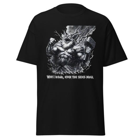 Skyshatter – Norse Tee in Black, product mockup showing powerful Thor-like figure laughing with Mjölnir and storm lightning backdrop; cinematic Norse design and bold quote; unisex heavy cotton tee.