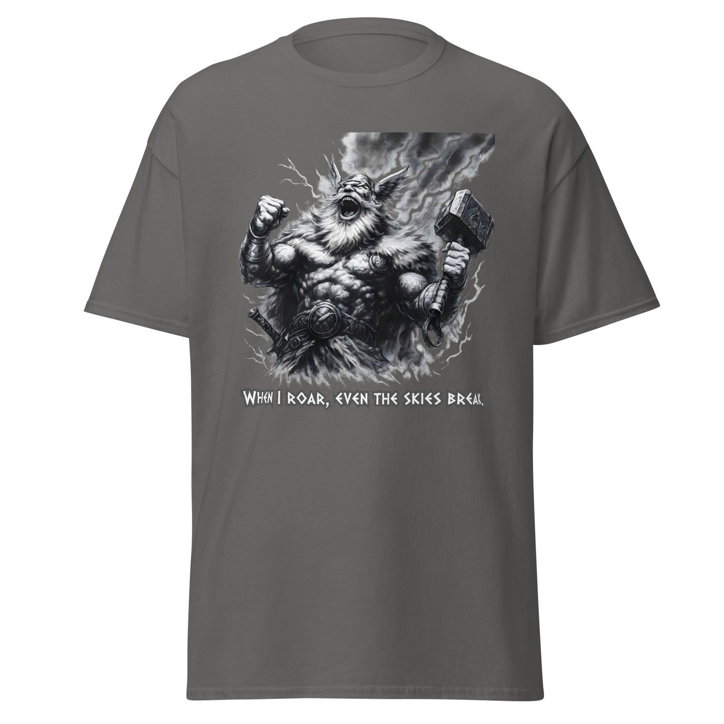 Skyshatter – Norse Tee in Charcoal, front mockup of thunderous warrior with Mjölnir and cracking sky motif plus quote "When I roar, even the skies break"; minimalist Norse aesthetic with dramatic storm imagery.