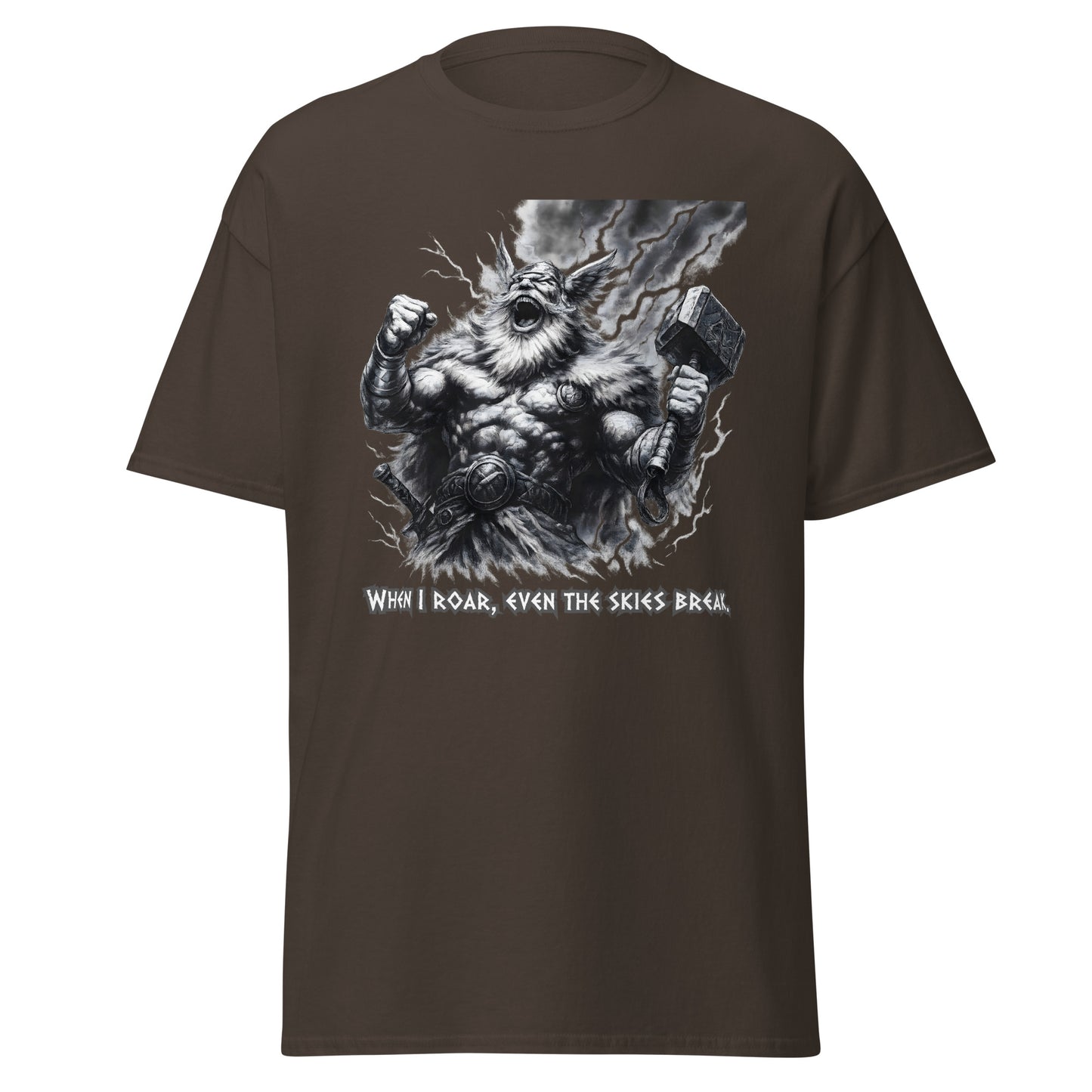 Skyshatter – Norse Tee in Dark Chocolate, mockup featuring roaring warrior holding Mjölnir, dynamic lightning atmosphere and bold slogan; durable DTG print, fits streetwear and mythic apparel niches.