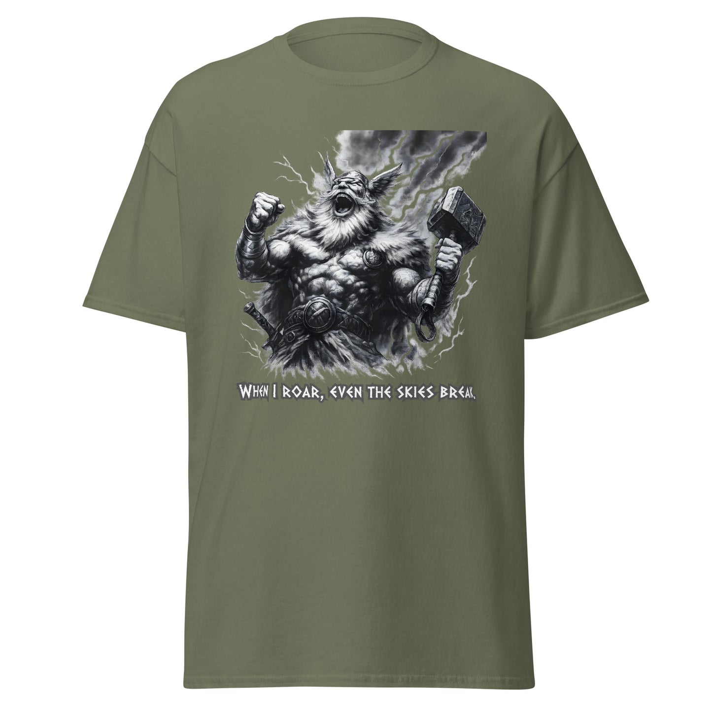 Skyshatter – Norse Tee in Military Green, product mockup showing Mjölnir in warrior's hand, storm lightning and laughing roar slogan; rugged Norse tee for outdoors, gym and myth-inspired wardrobes.