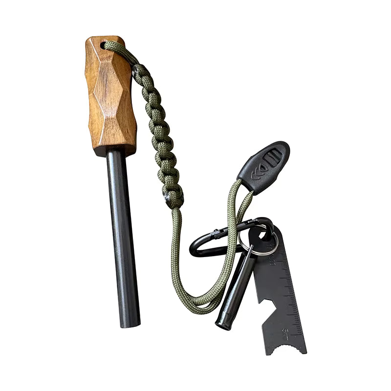 Studio image of Sparkforge Rod Tactical Fire Starter on white background, showing complete kit: magnesium rod, striker with bottle opener and ruler, paracord cord, carabiner, and whistle. Ideal for camping, bushcraft, and survival.