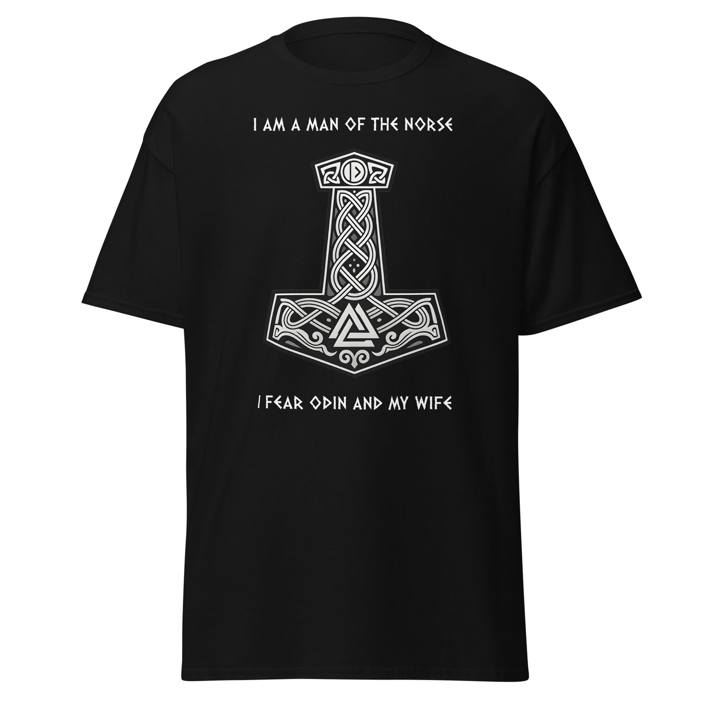 Sworn to Both Norse Tee in Black - Thor's Hammer with Celtic knots and Viking symbols, text reads 'I AM MAN OF THE NORSE' and 'I FEAR ODIN AND MY WIFE'