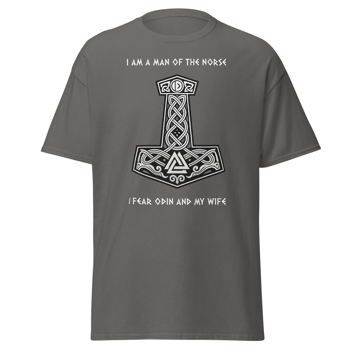 Sworn to Both Norse Tee in Charcoal Grey - Thor's Hammer with Celtic knots and Viking symbols, text reads 'I AM MAN OF THE NORSE' and 'I FEAR ODIN AND MY WIFE'