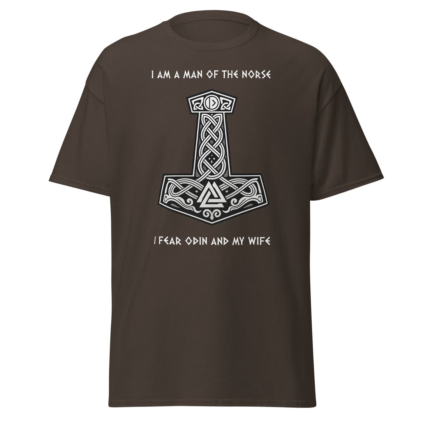 Sworn to Both Norse Tee in Dark Chocolate Brown - Thor's Hammer with Celtic knots and Viking symbols, text reads 'I AM MAN OF THE NORSE' and 'I FEAR ODIN AND MY WIFE'