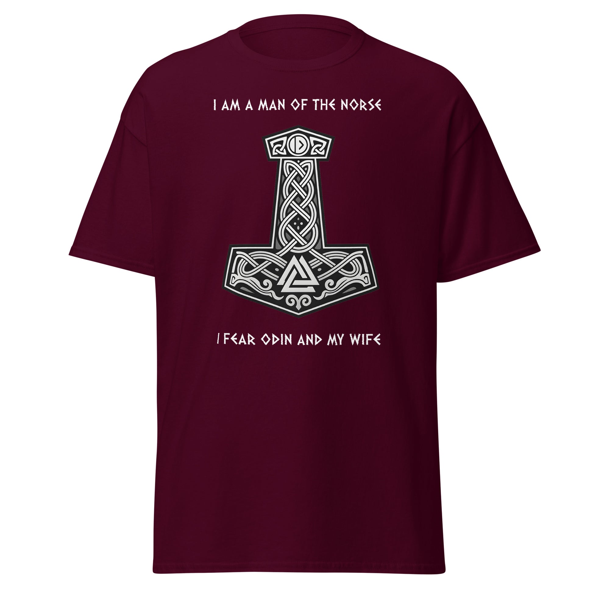Sworn to Both Norse Tee in Maroon - Thor's Hammer with Celtic knots and Viking symbols, text reads 'I AM MAN OF THE NORSE' and 'I FEAR ODIN AND MY WIFE'