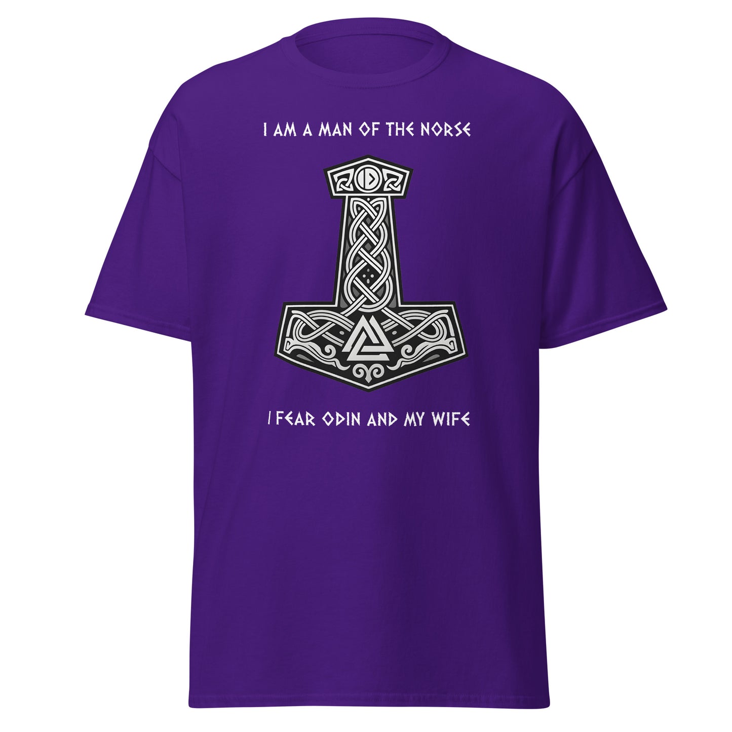 Sworn to Both Norse Tee in Purple - Thor's Hammer with Celtic knots and Viking symbols, text reads 'I AM MAN OF THE NORSE' and 'I FEAR ODIN AND MY WIFE'
