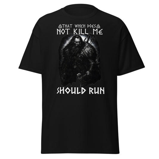 Unleashed Fury – Norse Tee in Black — Viking warrior shirt with bold quote saying: That which does not kill me, should run.